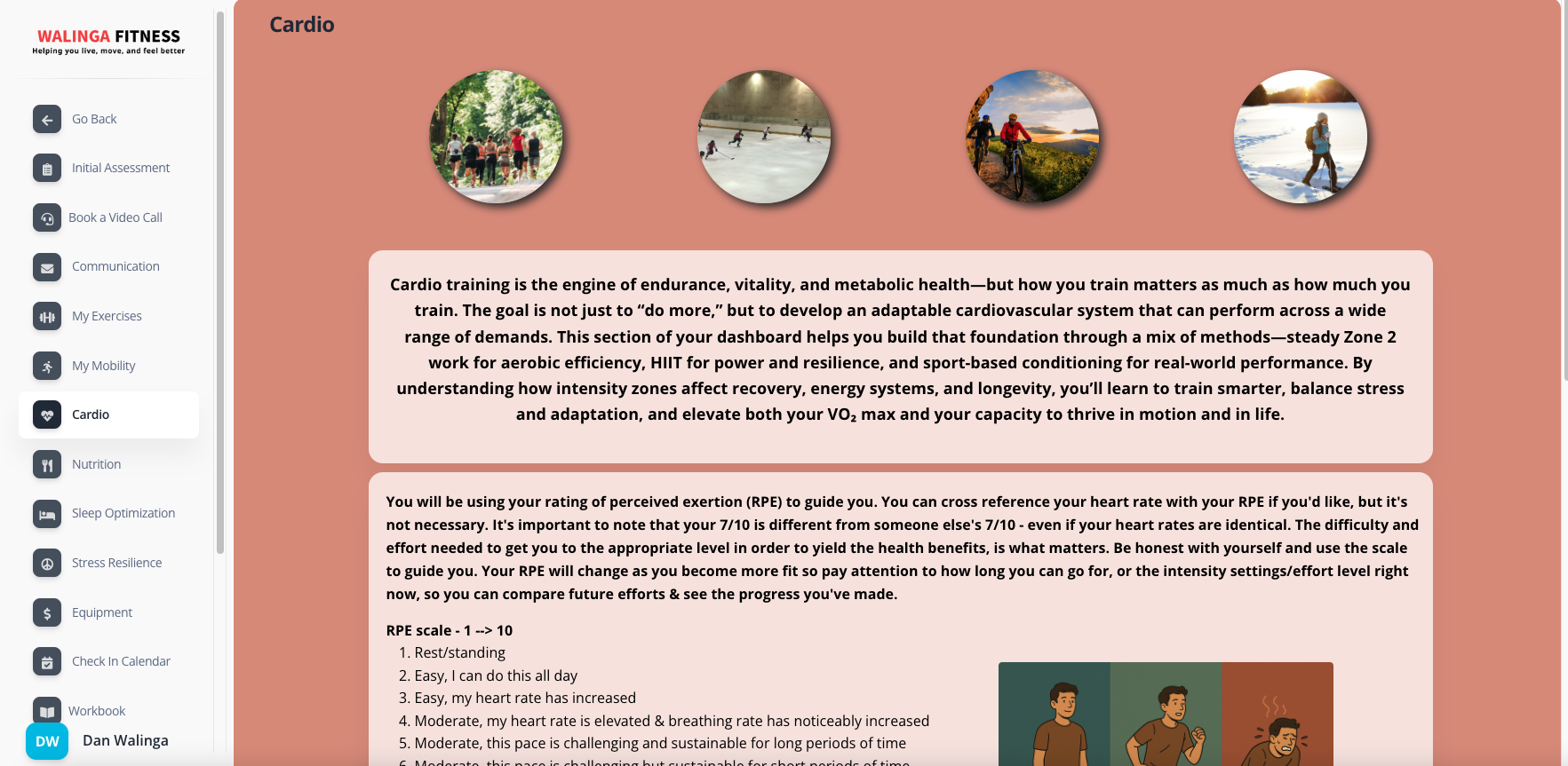 Cardio overview page with intro and guidance