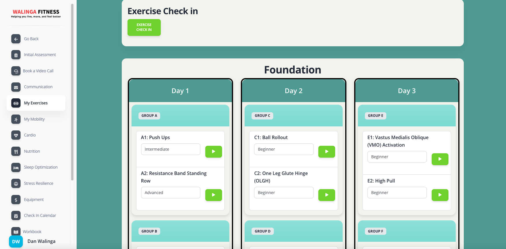 Resistance Training foundation plan with daily workouts