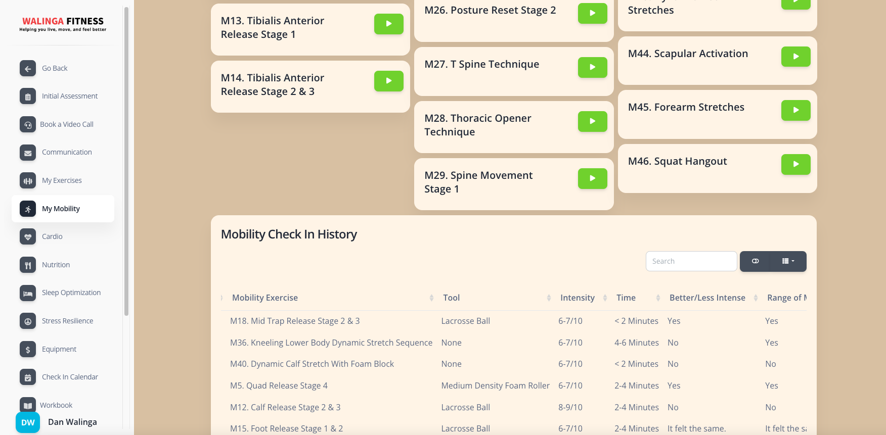 Mobility history with exercises and intensity tracking