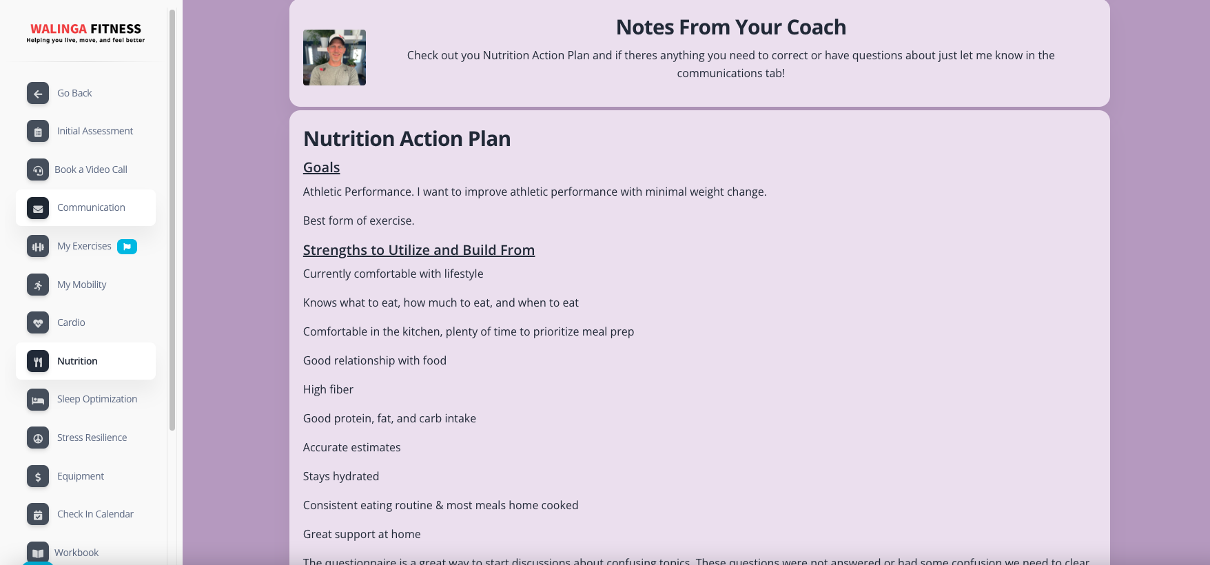 Nutrition action plan with goals, strengths, and notes from your coach